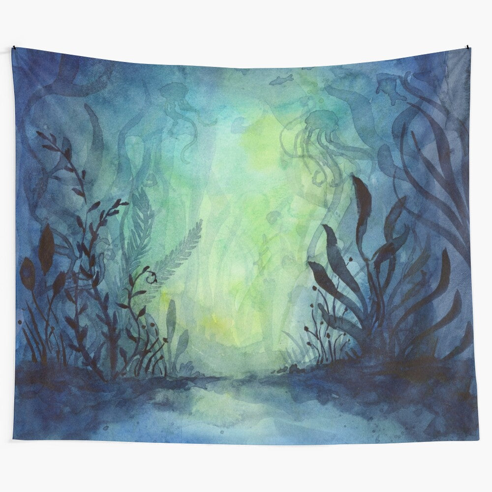 Underwater foliage watercolor tapestry with blooming plants and sea life