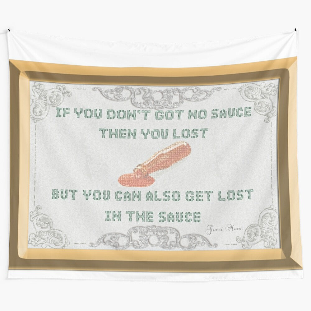 Vibrant "Lost in the Sauce" tapestry featuring Gucci Mane-inspired design