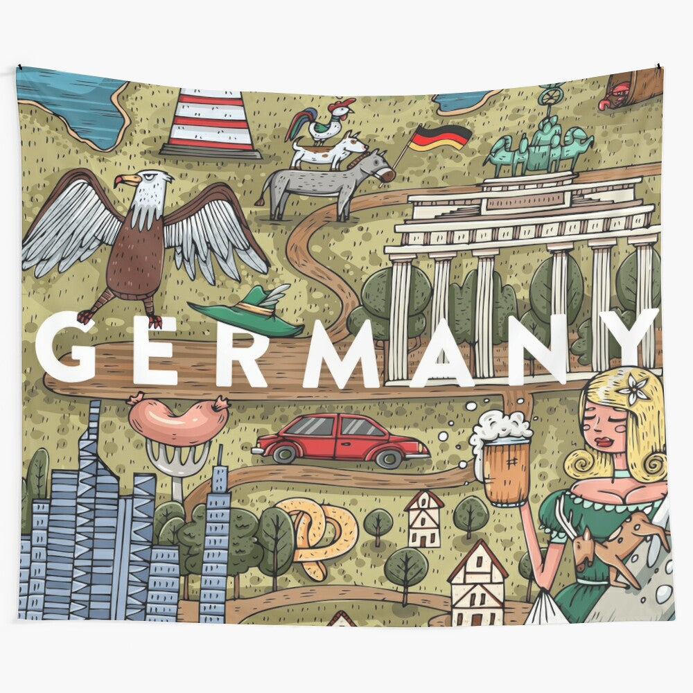 Funny hand-drawn cartoon map of Germany with popular places of interest vector illustration tapestry