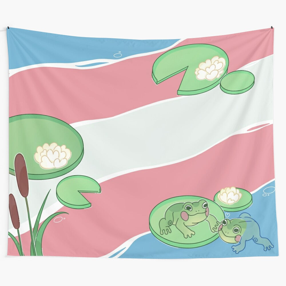 Colorful trans pride flag with a cute cartoon frog sitting on a lily pad in a swampy setting