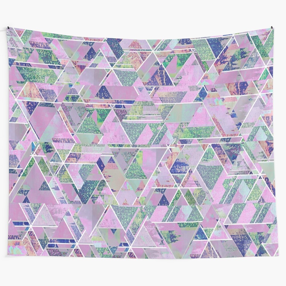 Colorful trippy geometric tapestry with pink triangles