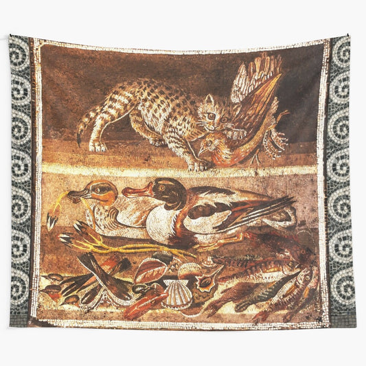 Antique-style tapestry featuring a wild cat hunting a bird, surrounded by other Pompeii-inspired animals and nature motifs.