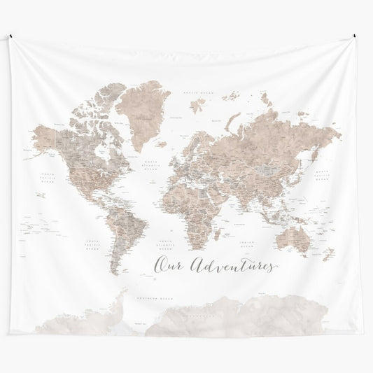 Watercolor world map tapestry with US state capitals