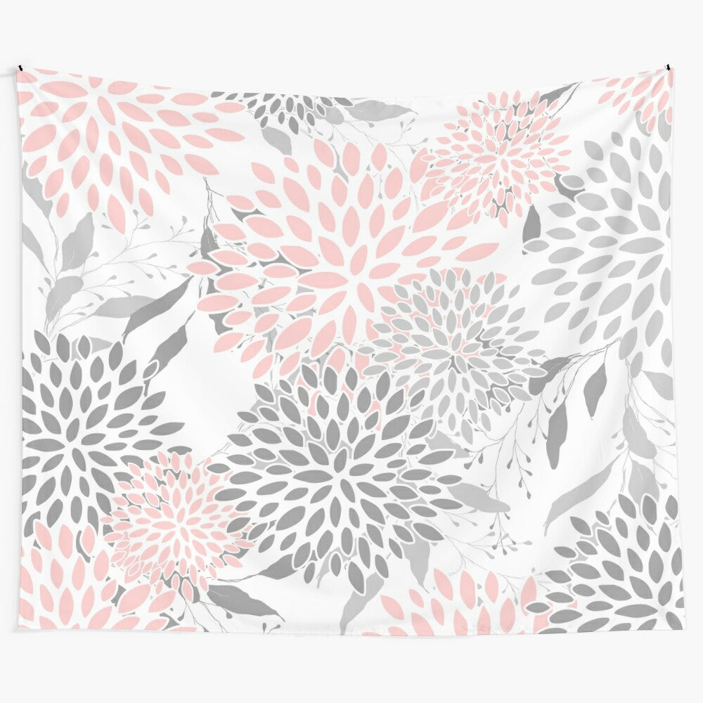 Colorful floral tapestry with pink, gray, and white flowers and leaves