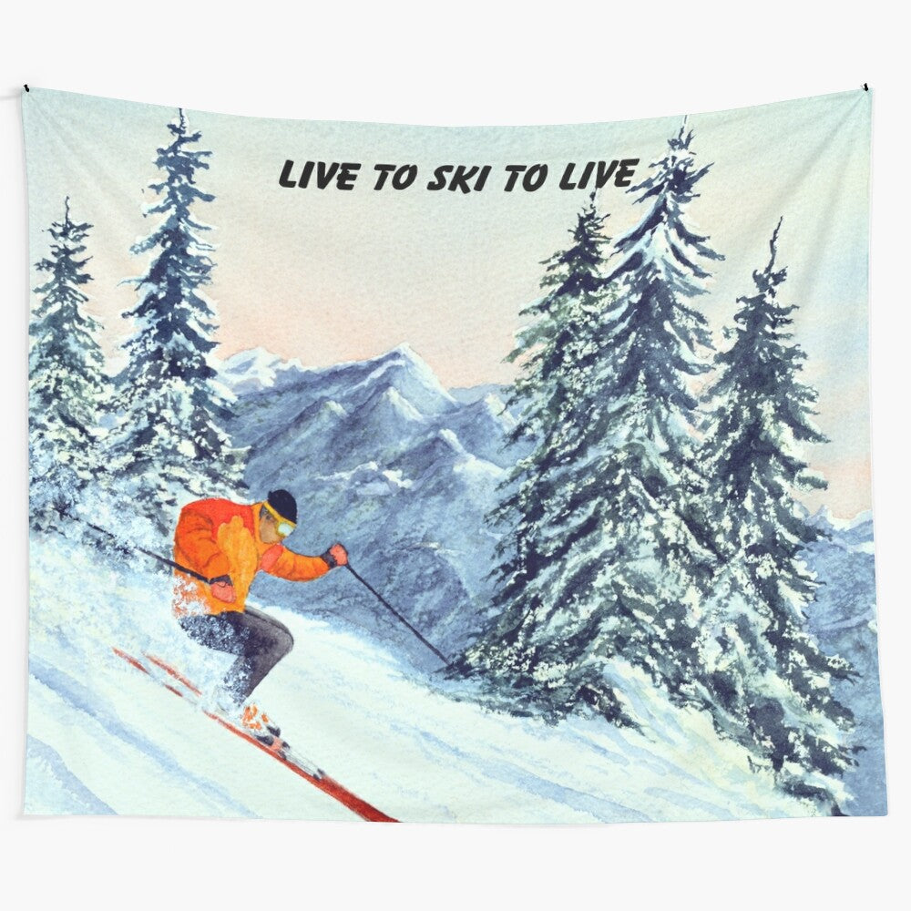 "Live to Ski" Tapestry featuring skiing action and winter landscapes