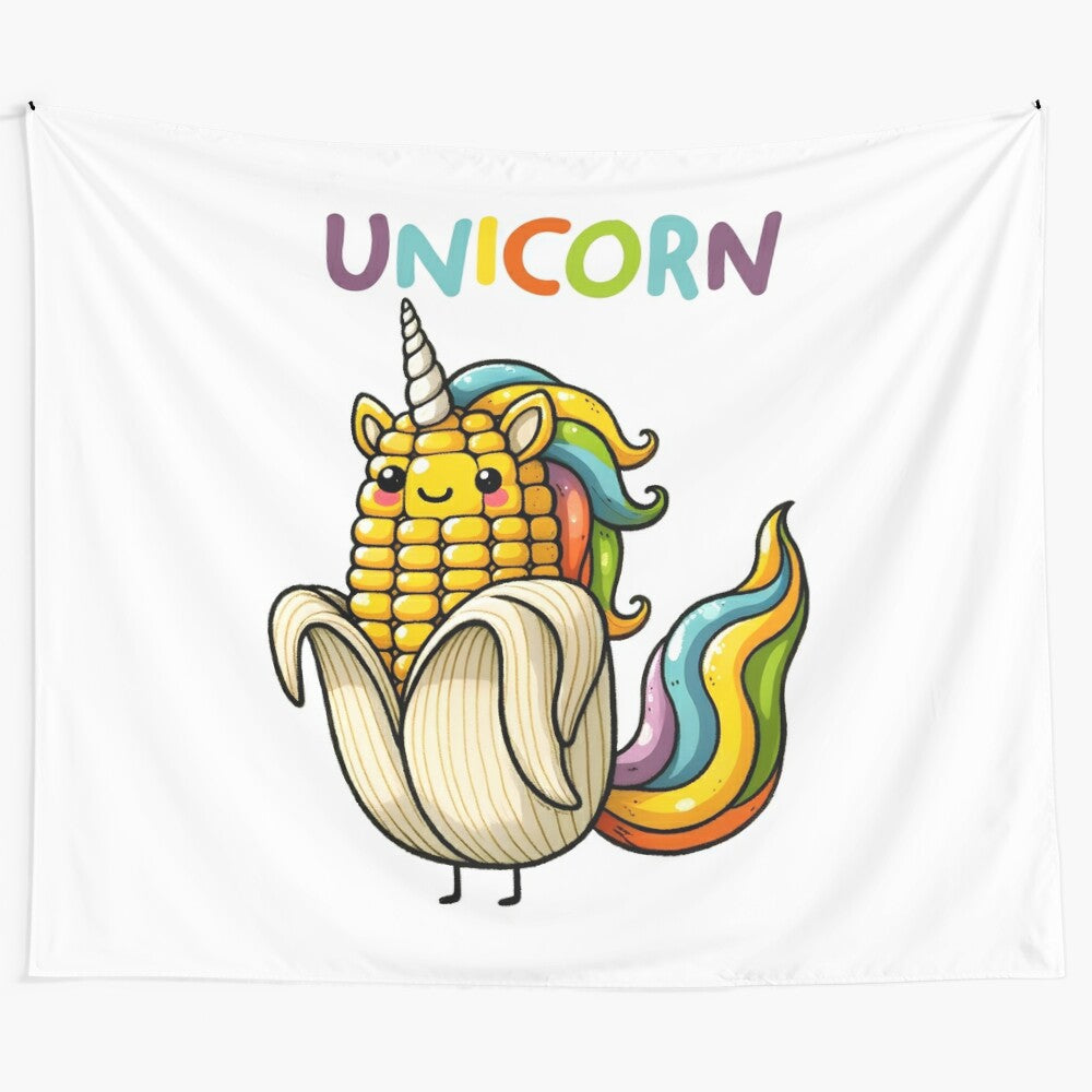 Whimsical unicorn pun tapestry featuring a unicorn with baby corn