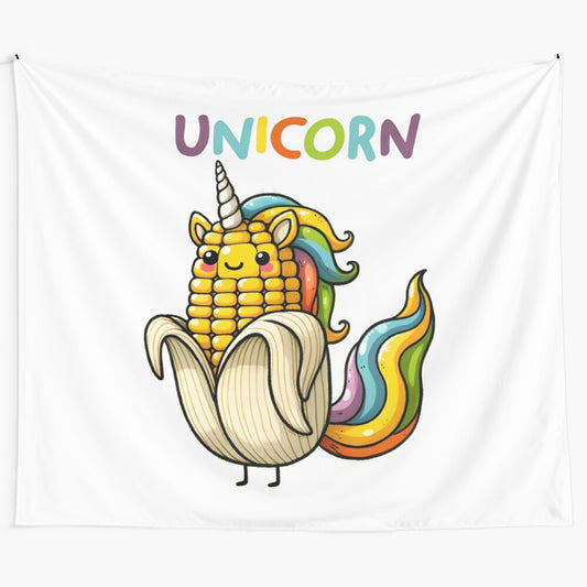 Whimsical unicorn pun tapestry featuring a unicorn with baby corn