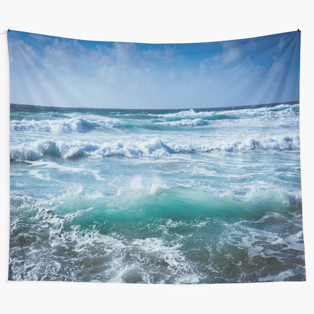 Serene ocean waves tapestry with blue hues and coastal motif