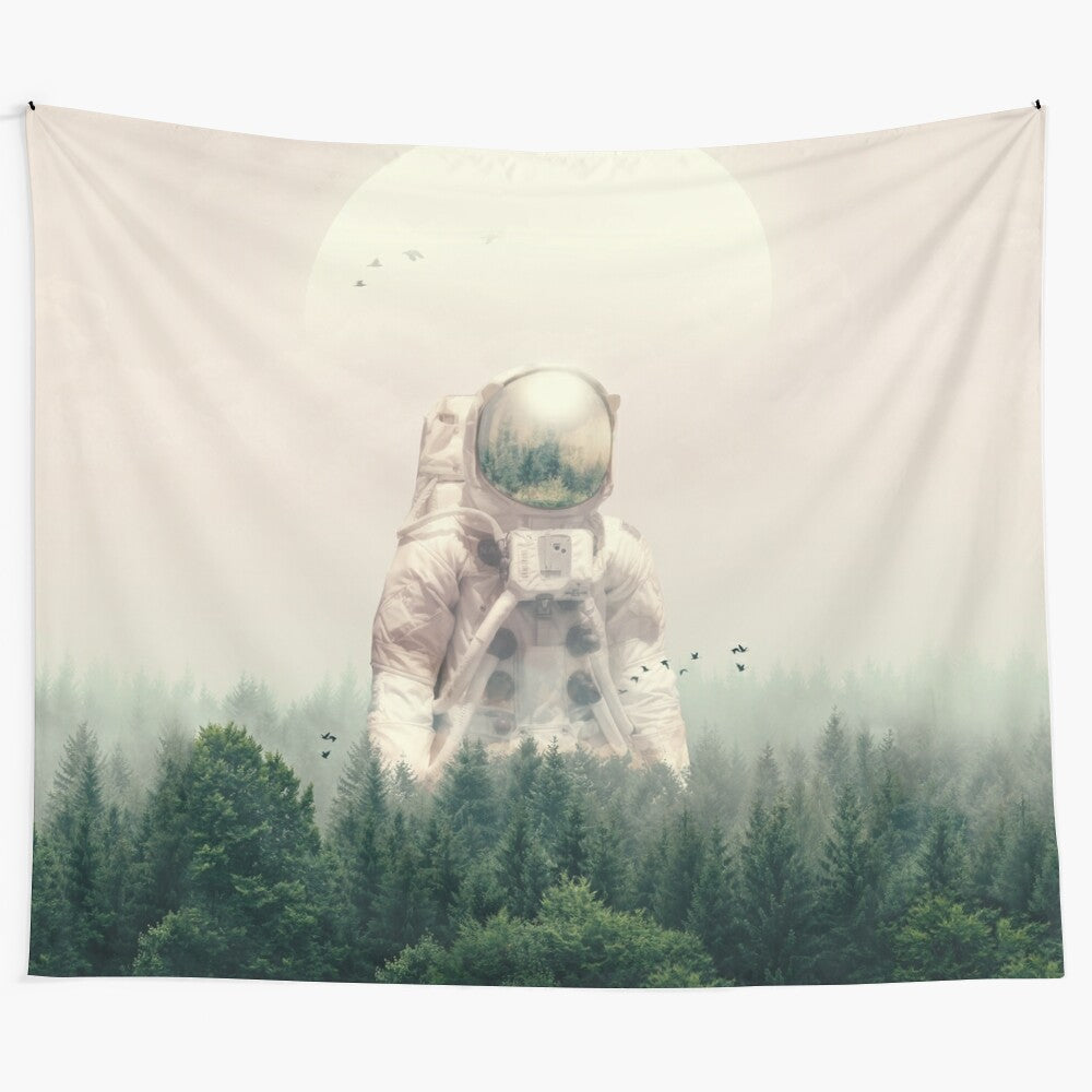 Surreal space art tapestry featuring an astronaut in a cosmic landscape