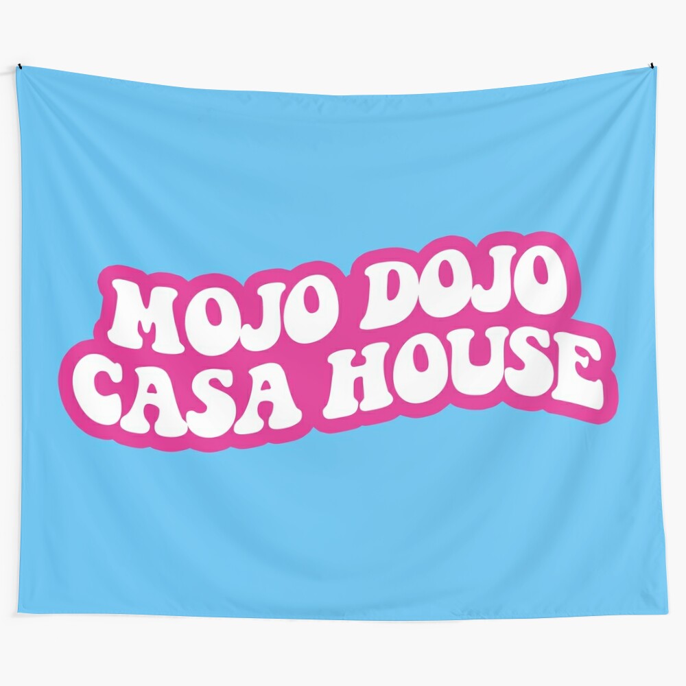 Colorful abstract tapestry featuring a mojo dojo house design in blue and magenta shades