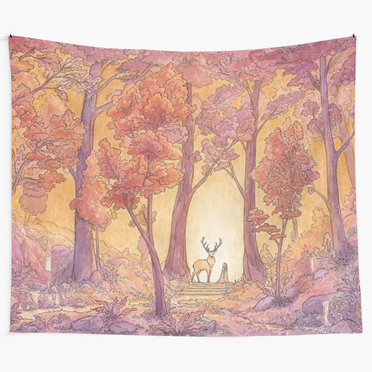 Whimsical fantasy landscape tapestry featuring a female figure in a magical forest scene