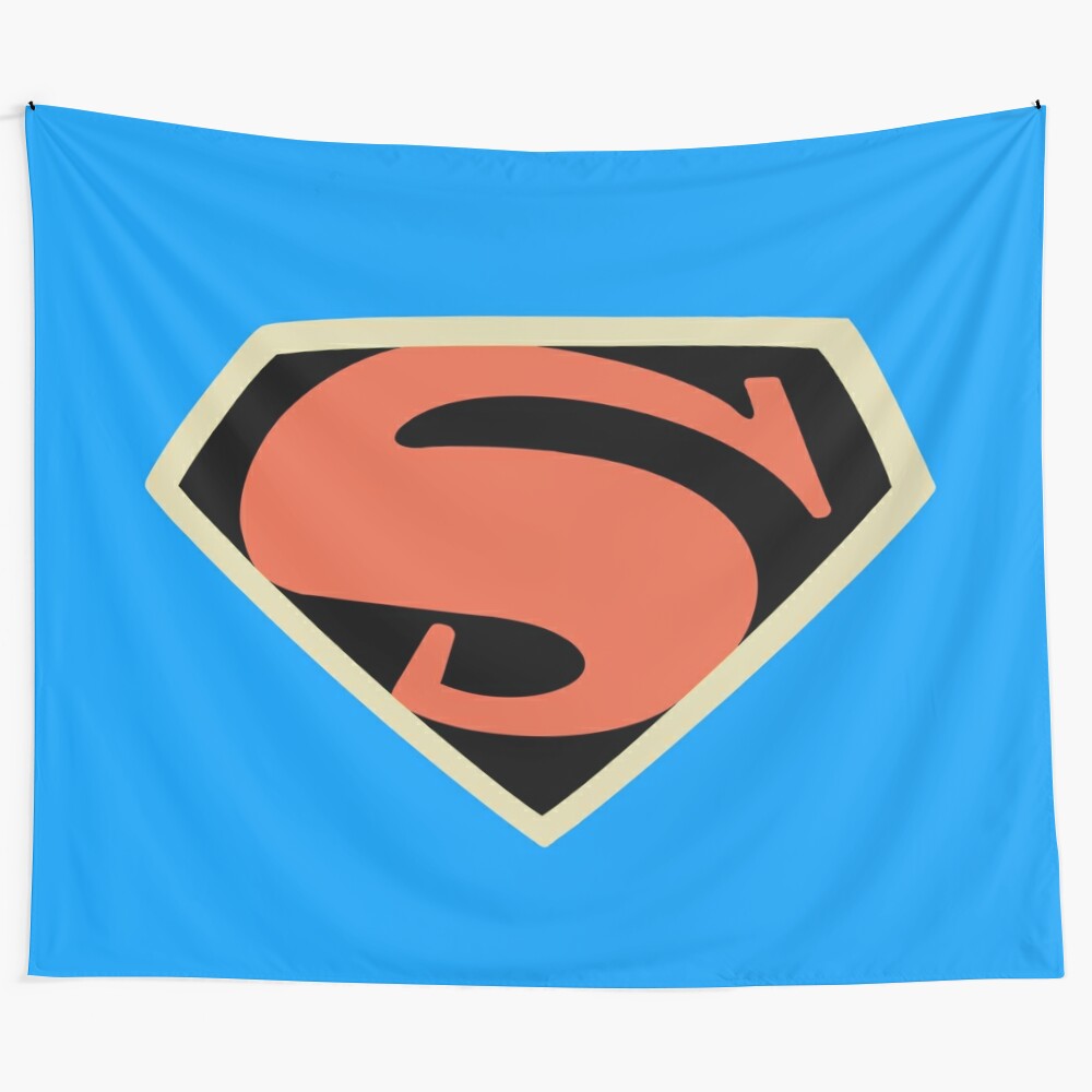 Retro superhero tapestry featuring a classic justice league-inspired logo and emblem