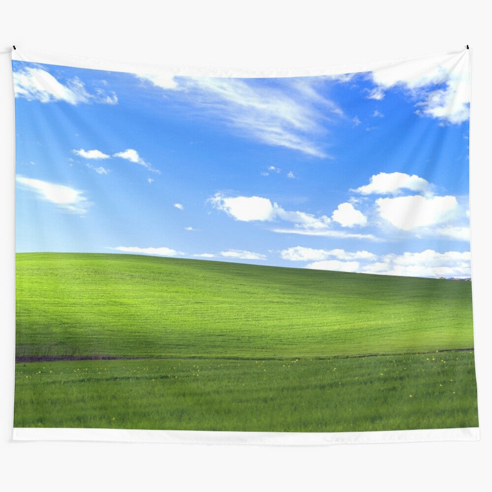 Windows XP-inspired tapestry with computer desktop wallpaper design