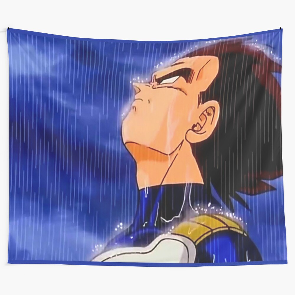 Vegeta from the Dragon Ball series in a rainy, artistic tapestry