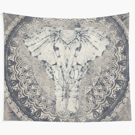 Boho Elephant Mandala Tapestry - Bohemian Wall Hanging with Elephants, Mandalas, and Geometric Patterns in Blue and Gray