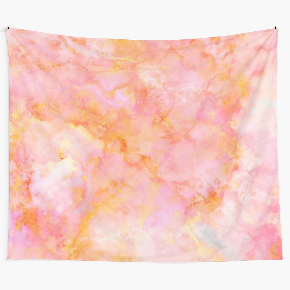 Colorful and modern marble pattern tapestry in shades of pink, coral and orange