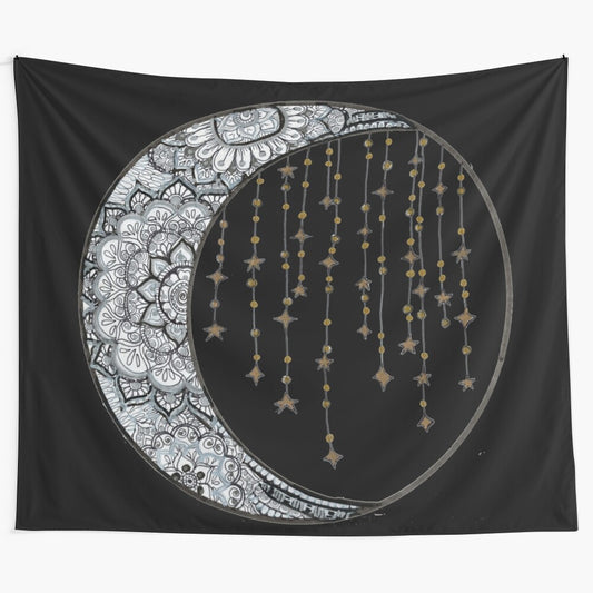 Intricate hand-drawn tapestry featuring a glimmering crescent moon and stars against a black background