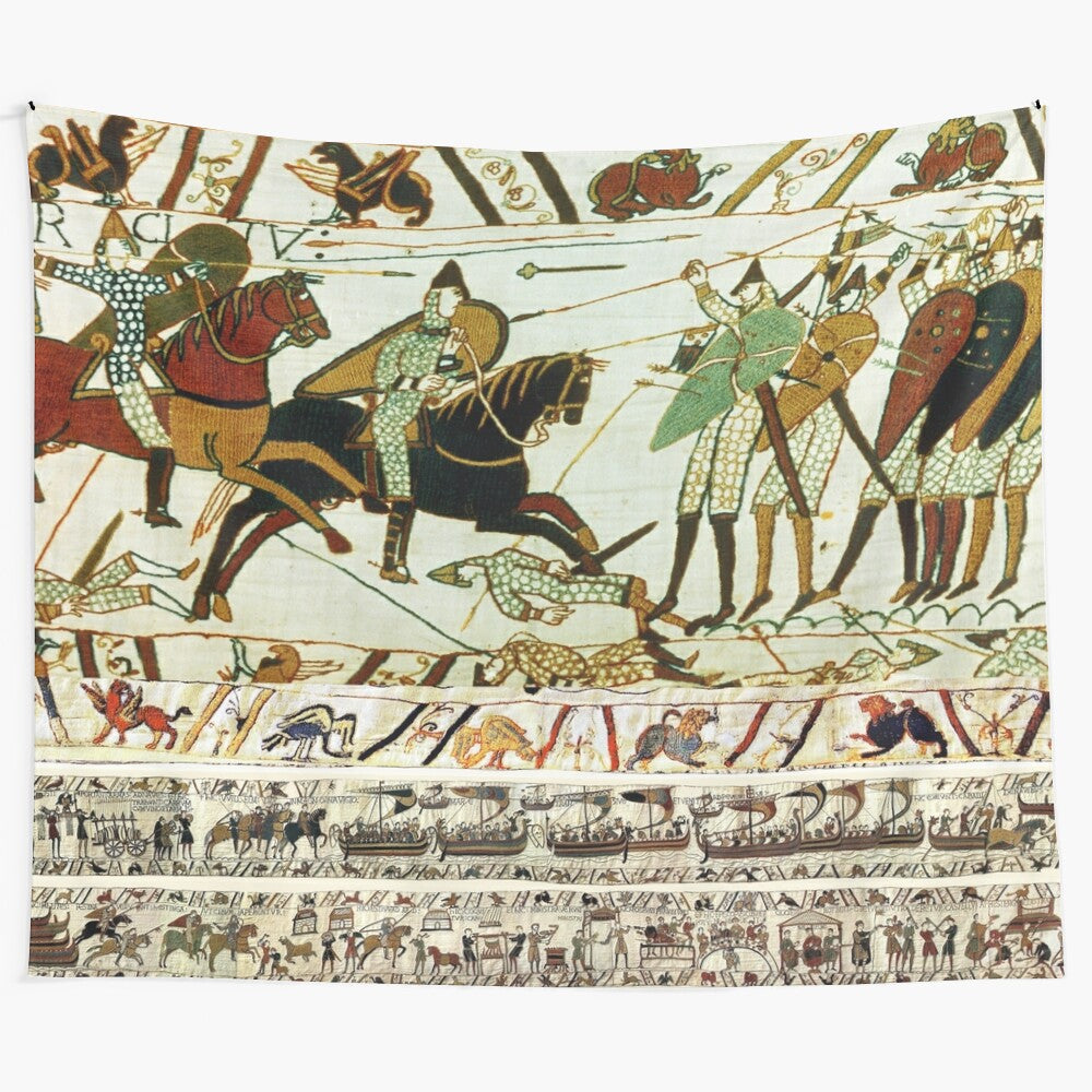 Detailed medieval tapestry depicting the Norman conquest of England and the Battle of Hastings