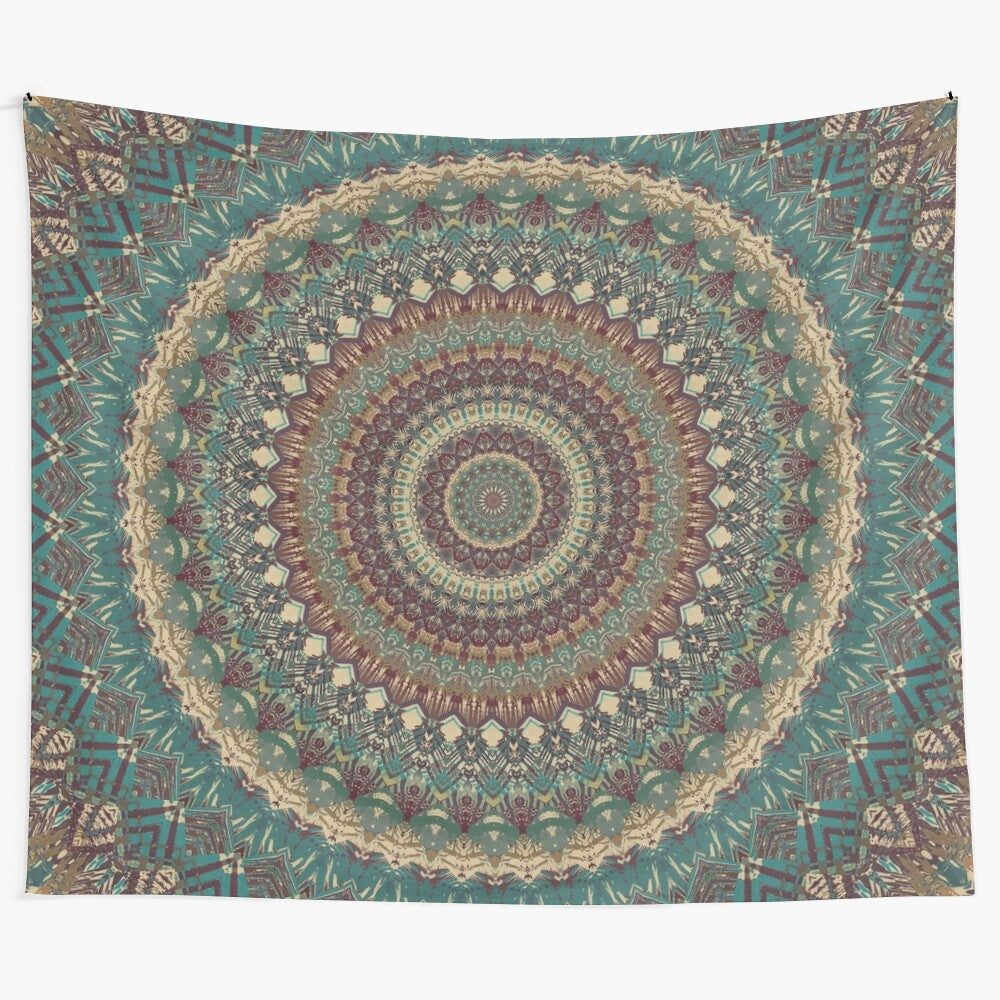 Vibrant mandala tapestry with sacred geometry and floral elements