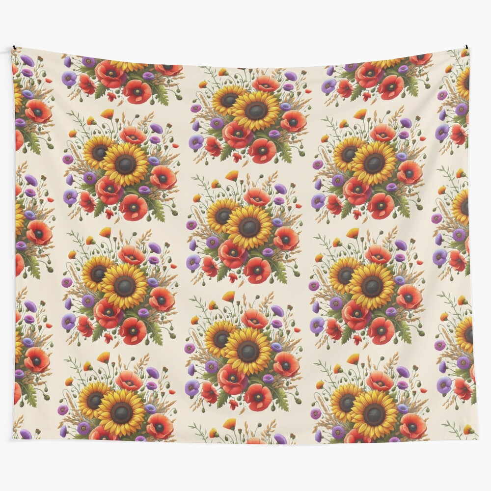 Colorful tapestry featuring a bouquet of sunflowers and poppies in a natural field setting