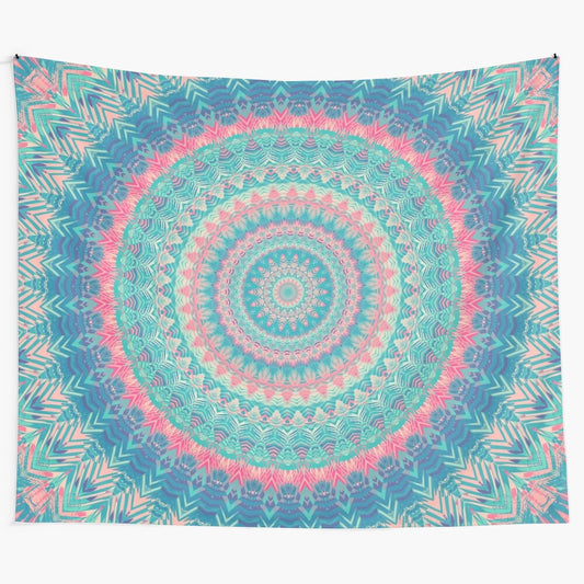 Vibrant mandala tapestry featuring sacred geometry and floral patterns