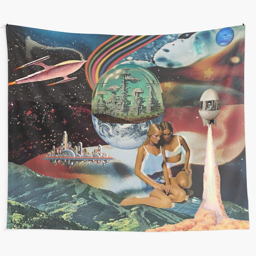 Vibrant tapestry featuring cosmic space babes and a psychedelic outer space landscape