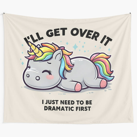 Dramatic unicorn tapestry featuring a whimsical, colorful cartoon unicorn