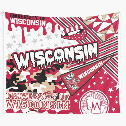 Wisconsin-inspired tapestry design featuring the Badgers logo and school colors