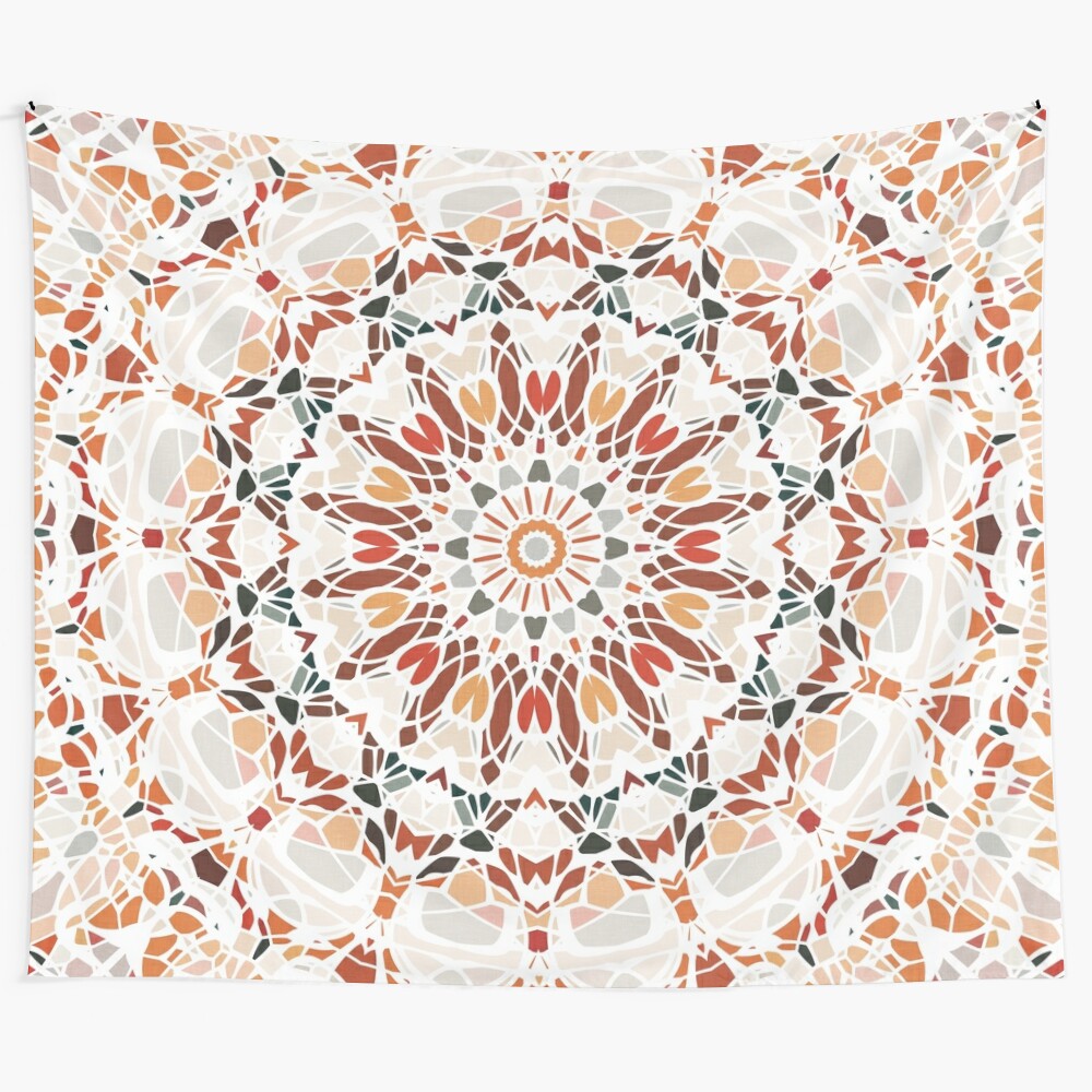 Vibrant autumn mandala tapestry with orange, rust, gold, and beige colors