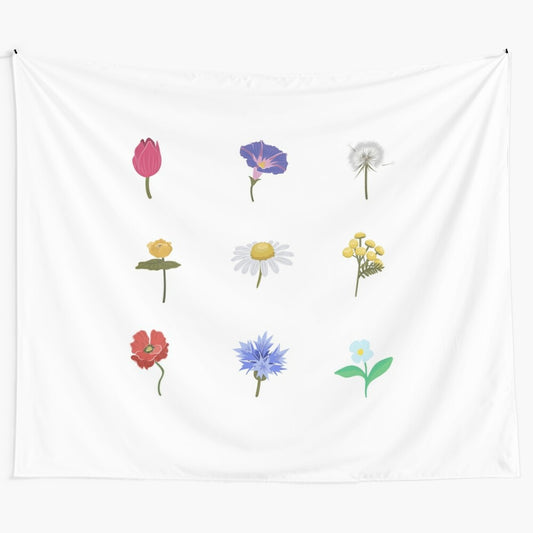 Vintage watercolor flowers educational tapestry with nature, leaves, and scientific plant info