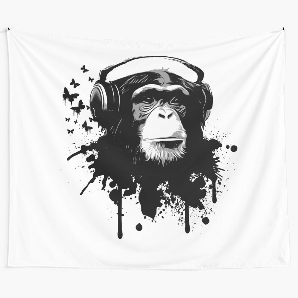 Vibrant Monkey Business Tapestry Art featuring a chimpanzee, butterflies, and splattered graffiti-inspired design