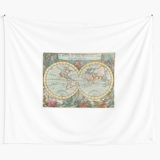 Vintage-inspired world map tapestry with antique map design and retro cartography