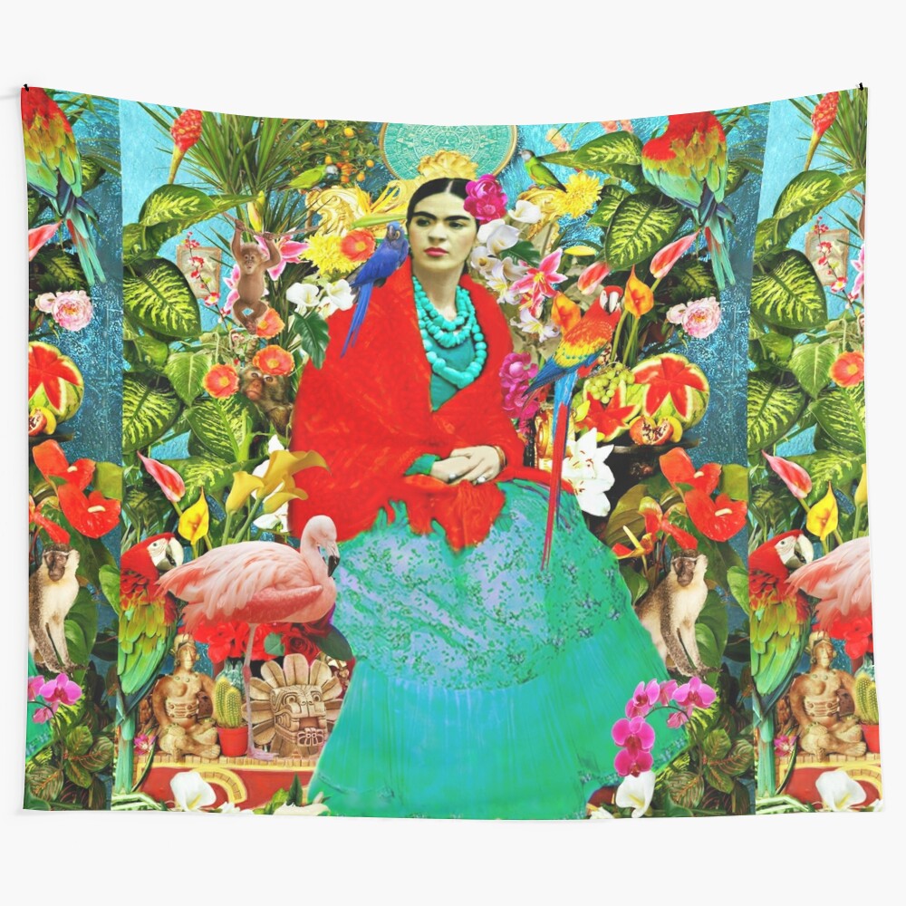 Colorful Frida Kahlo inspired tapestry featuring Mexican animals, plants, and birds