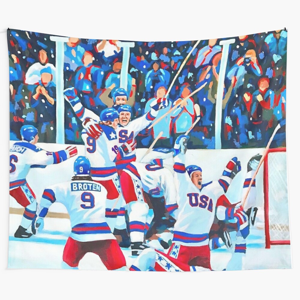 Vintage Miracle on Ice tapestry featuring hockey players and American flag