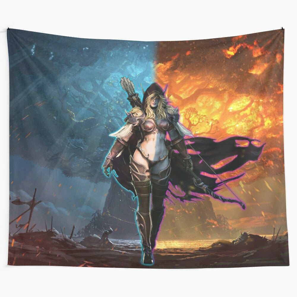 Tapestry inspired by the World of Warcraft fantasy universe, featuring characters and imagery from the game's lore