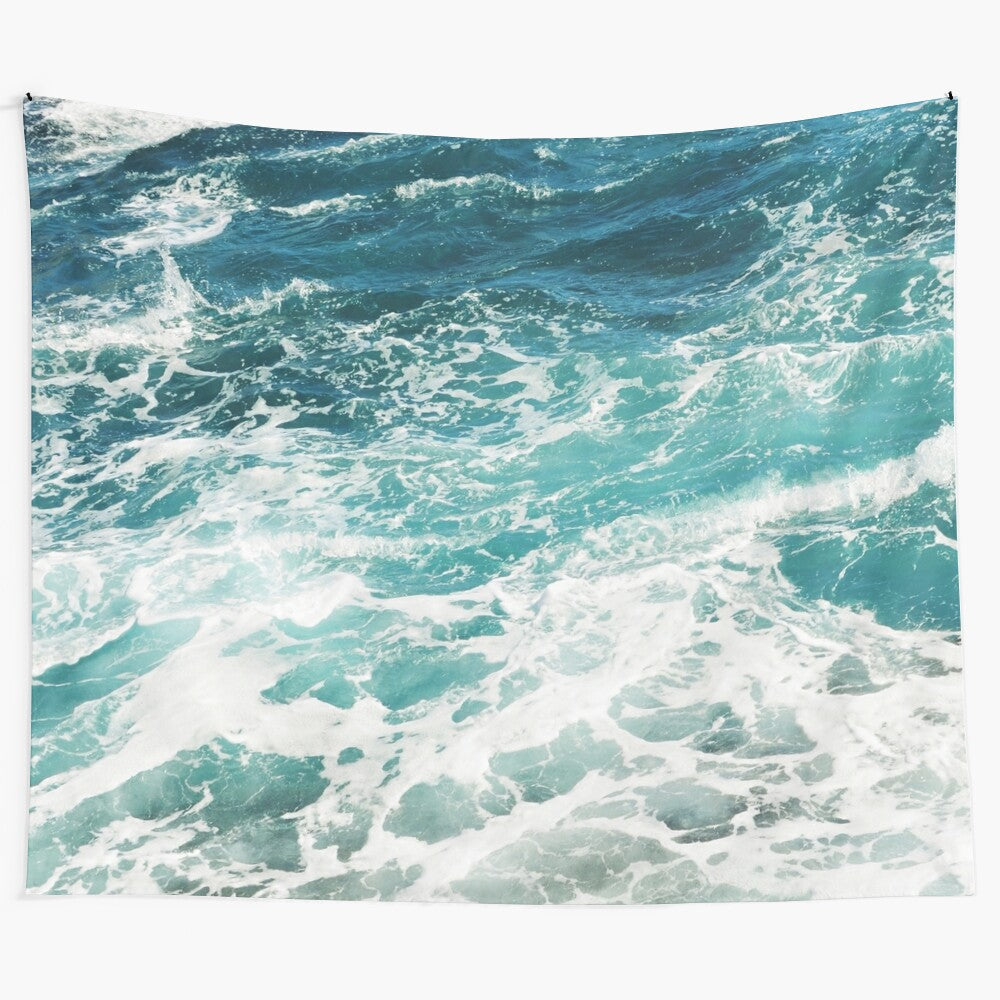 Beautiful blue and white ocean waves tapestry wall hanging