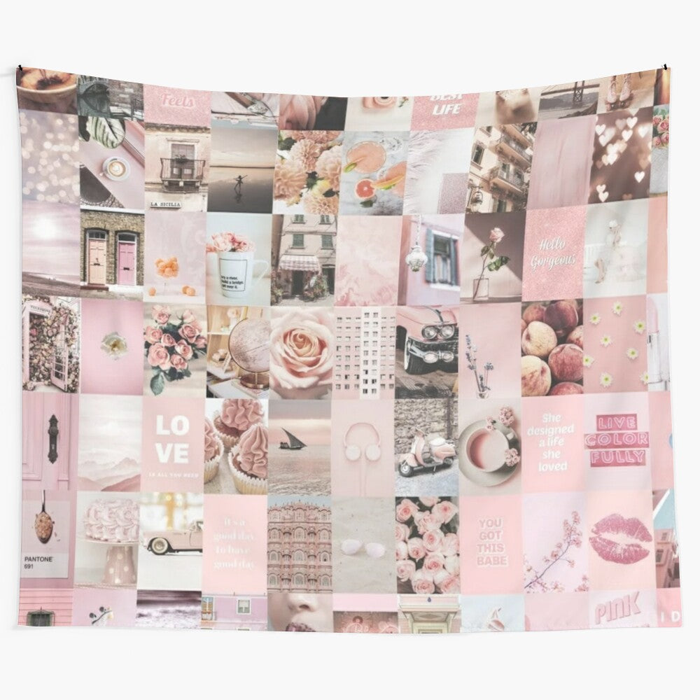 Rustic pink vibe collage tapestry featuring a vintage aesthetic with fashion, glitter, and NYC vibes