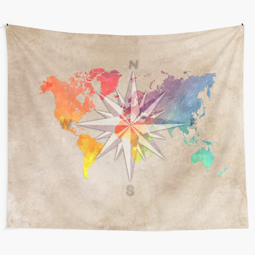 World map with wind rose tapestry art for wall decor