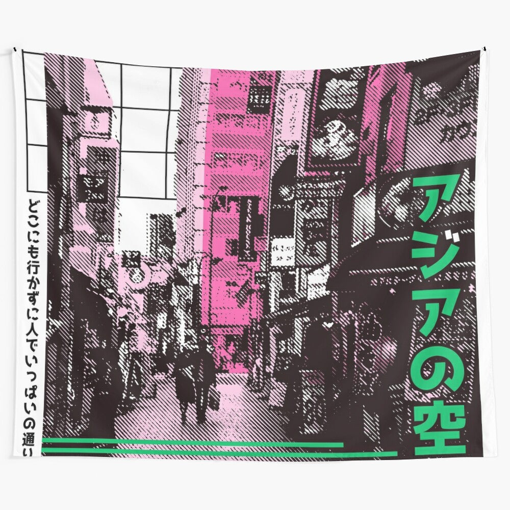 Vibrant vaporwave tapestry featuring a cyberpunk-inspired Japanese neon city landscape