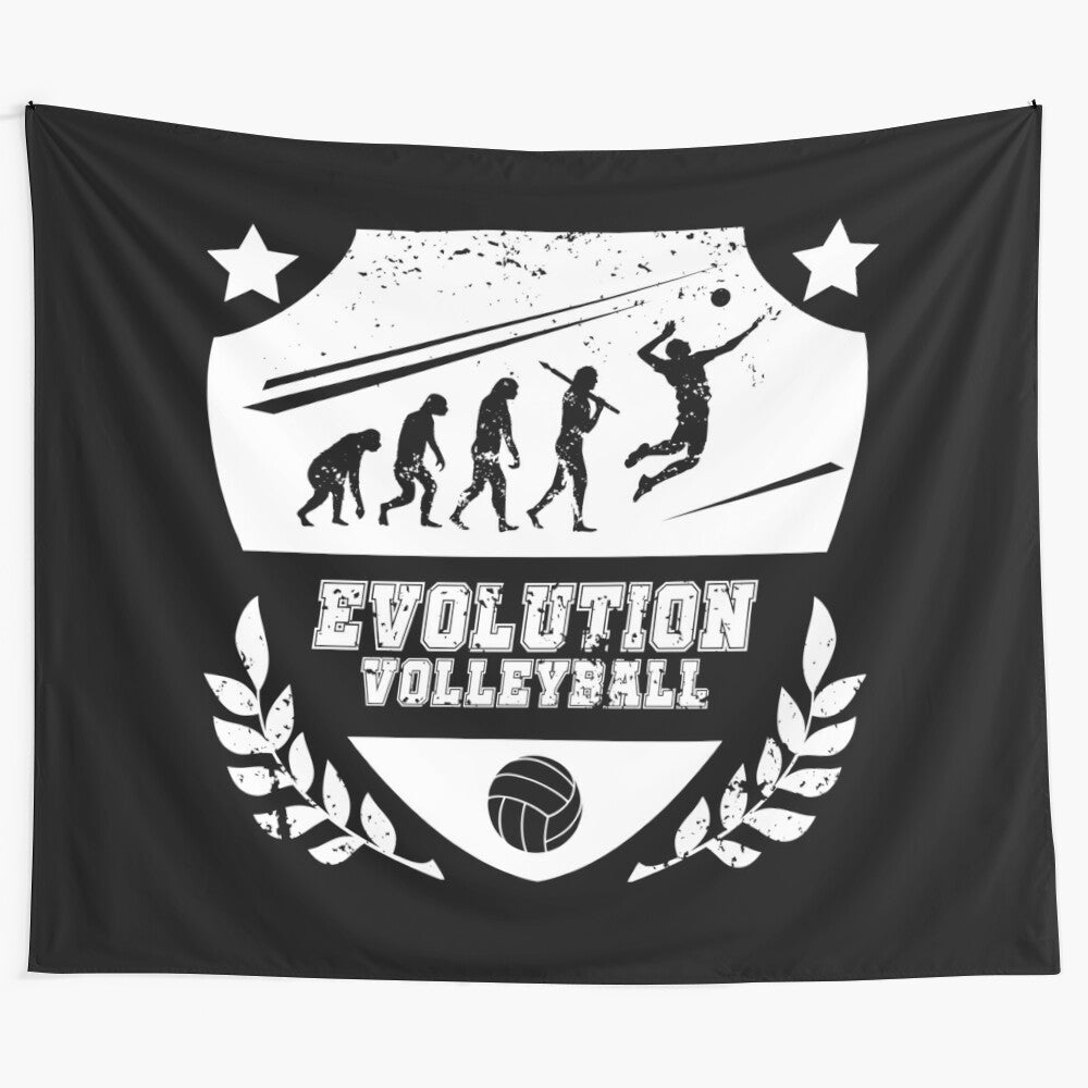 Volleyball Evolution Tapestry featuring volleyball players and court