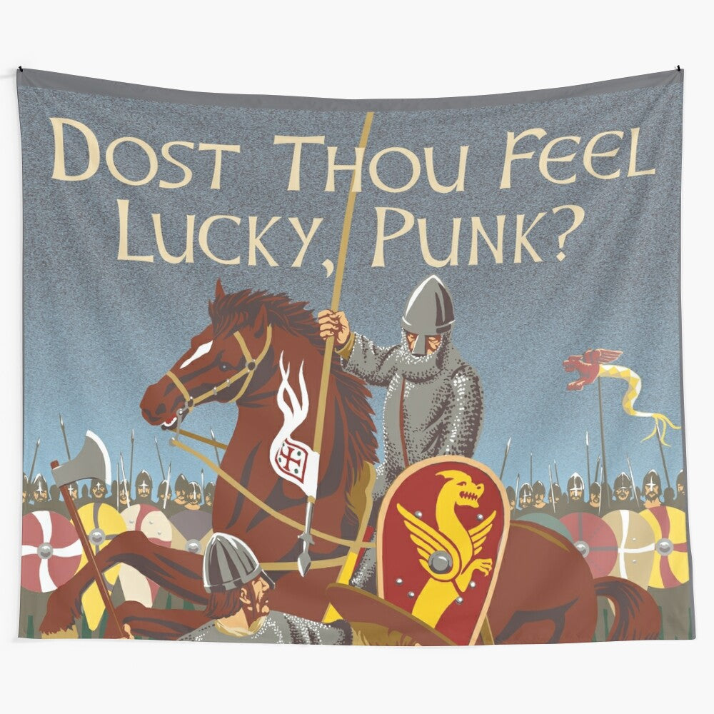 Tapestry with "Dost Thou Feel Lucky, Punk?" quote and medieval imagery