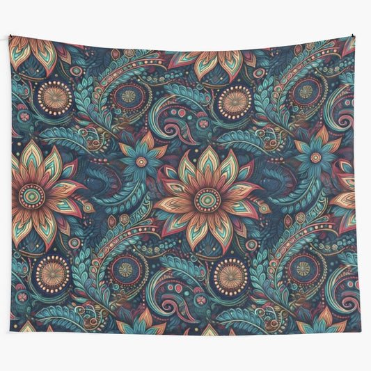 Boho tapestry with retro flowers and leaves design