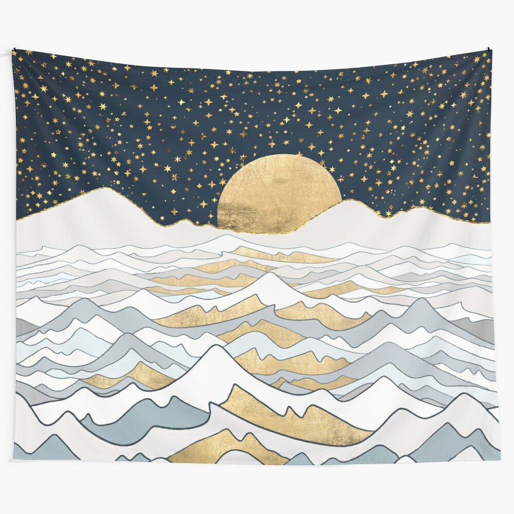 Serene celestial tapestry featuring a mesmerizing ocean landscape with waves, moon, and stars