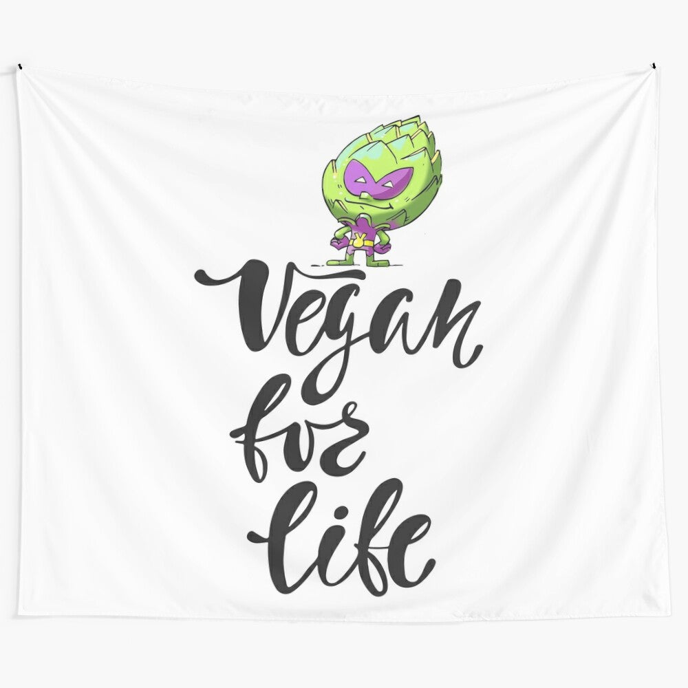 Vibrant vegan artichoke alien superhero foodietoon tapestry