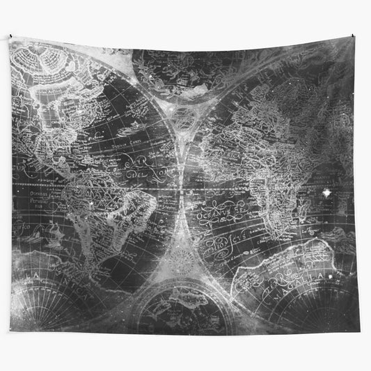 Antique map tapestry with black and white space stars design