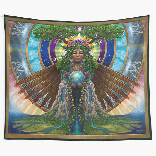 Gaia sacred system tapestry featuring goddess and natural imagery