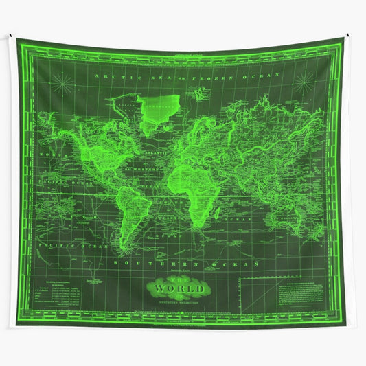 Vintage-inspired world map tapestry in black and green colors