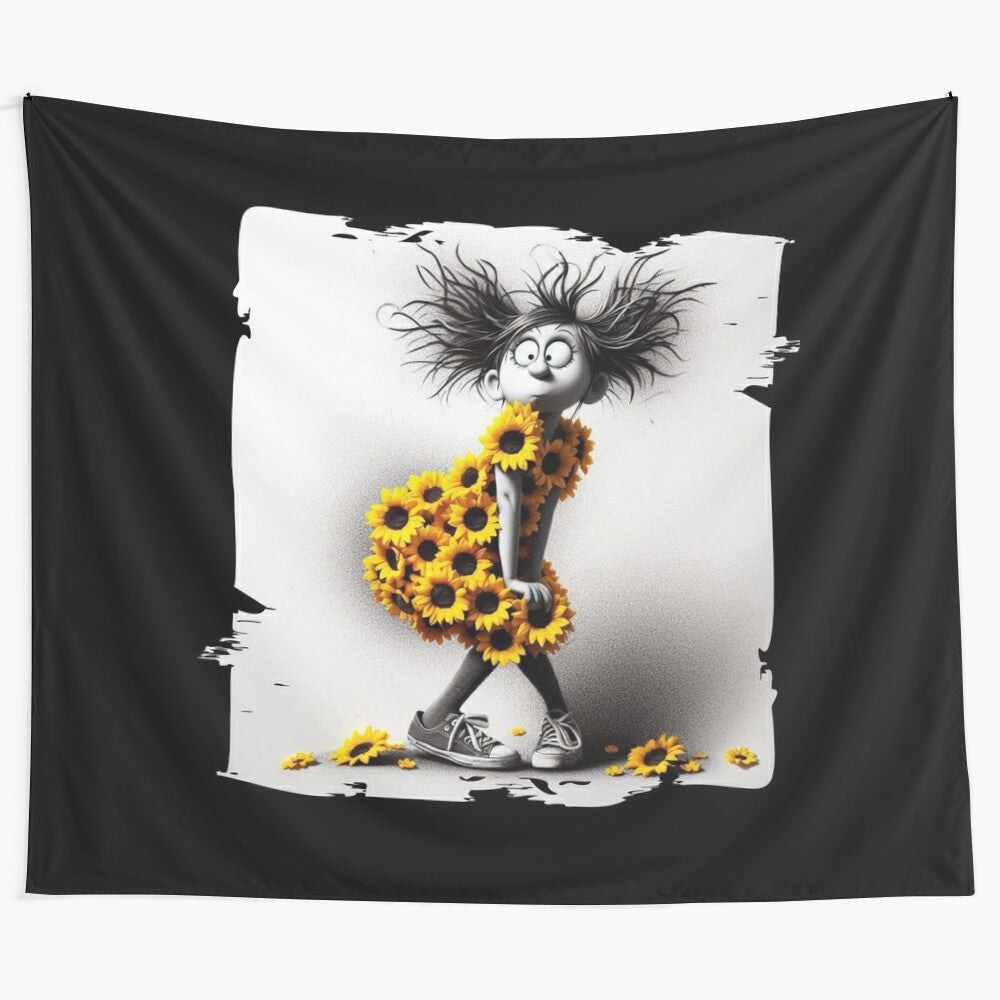 Whimsical art tapestry featuring a quirky girl in a sunflower outfit and sneakers