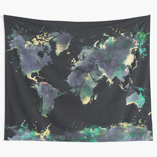 Intricate world map tapestry featuring a detailed cartographic design for home and office wall art