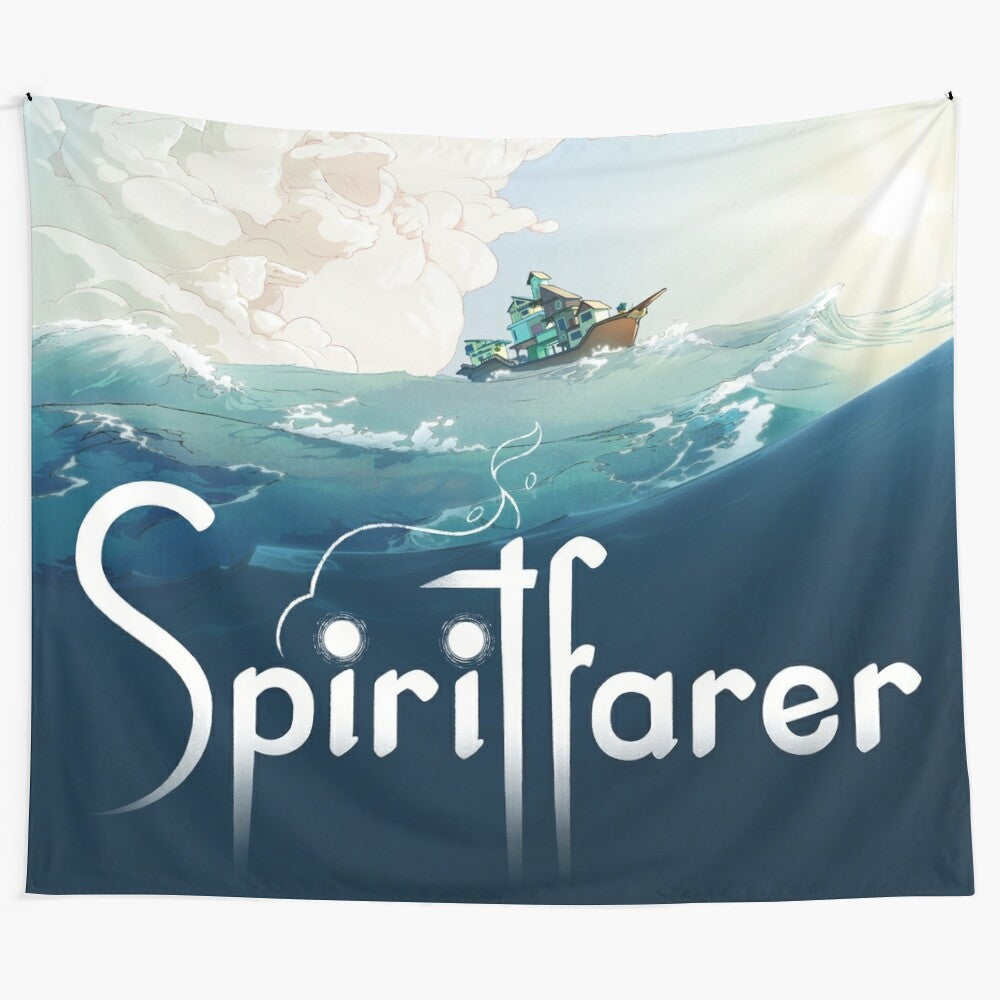 Spiritfarer-themed tapestry featuring a boat sailing on the ocean with a vibrant sky and sun